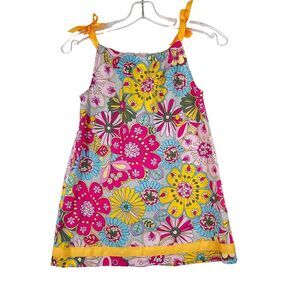 HANNAH ANDERSON Pink Floral Pillowcase Dress Yellow Grosgrain Ribbon Ties Size 5